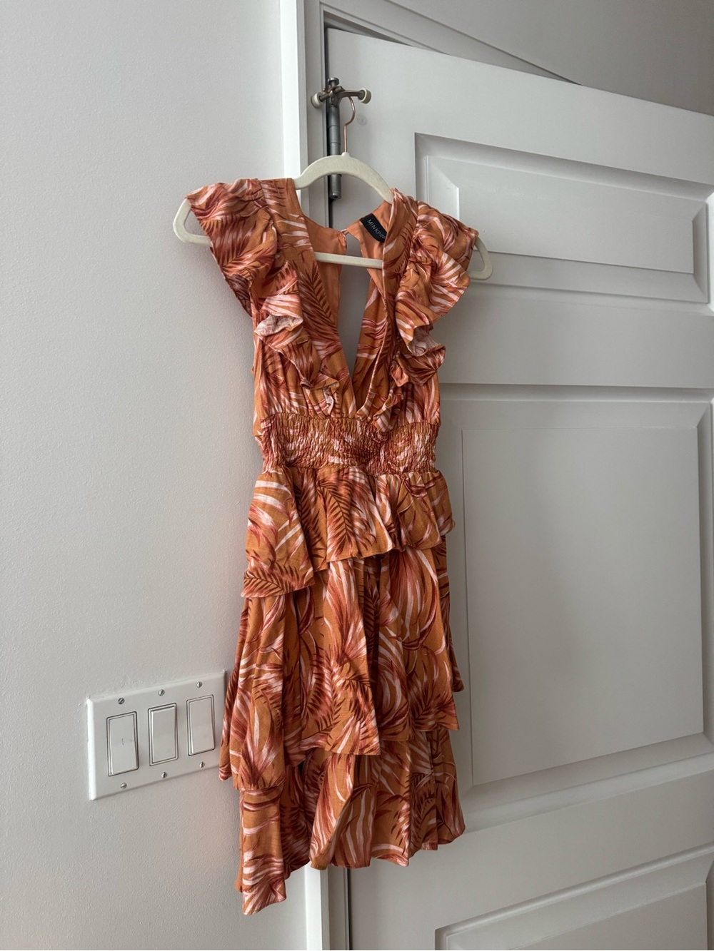 MINKPINK Rust Palm-Print Tiered Ruffle Mini Dress